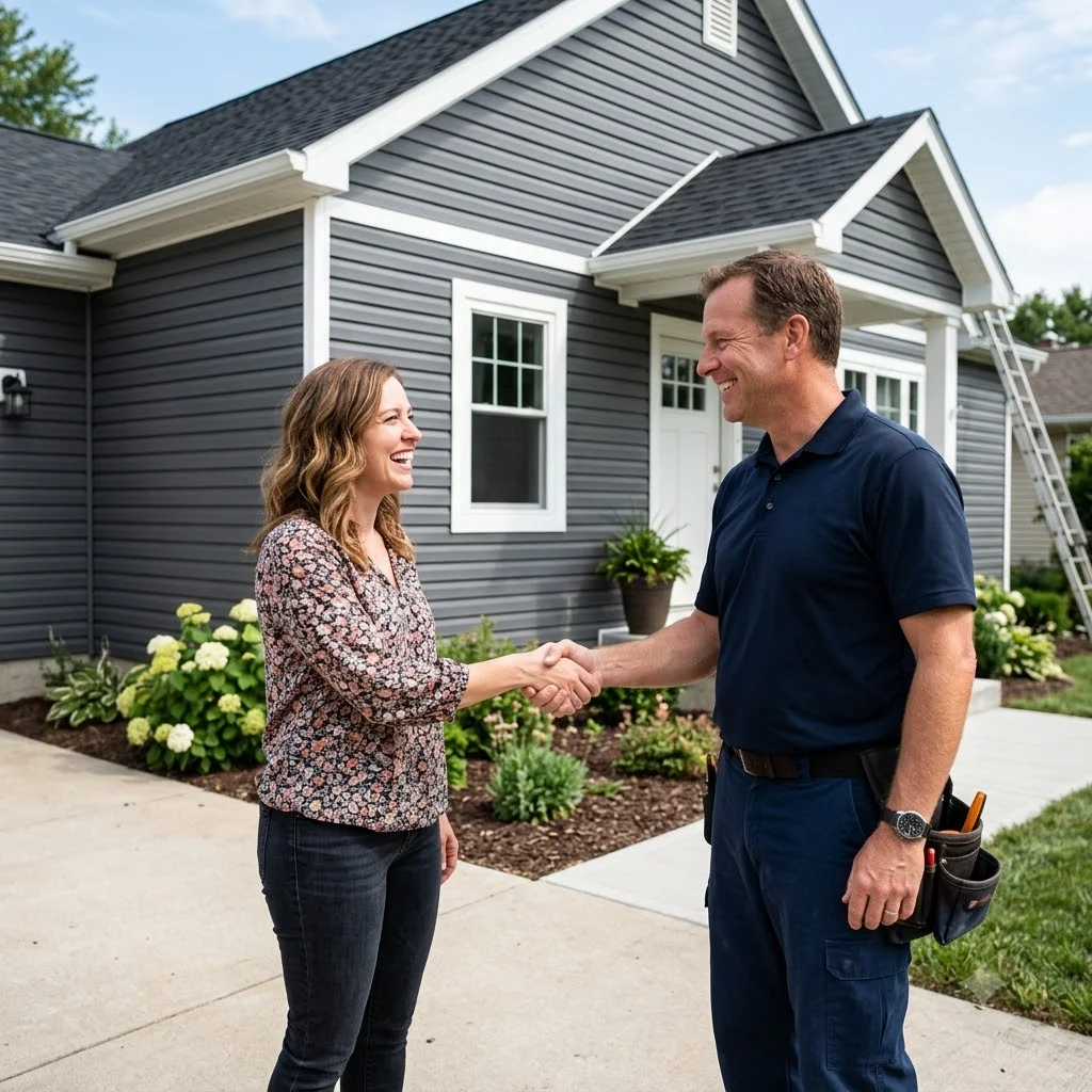 Homeowner shaking hands in front of a house with new gray siding