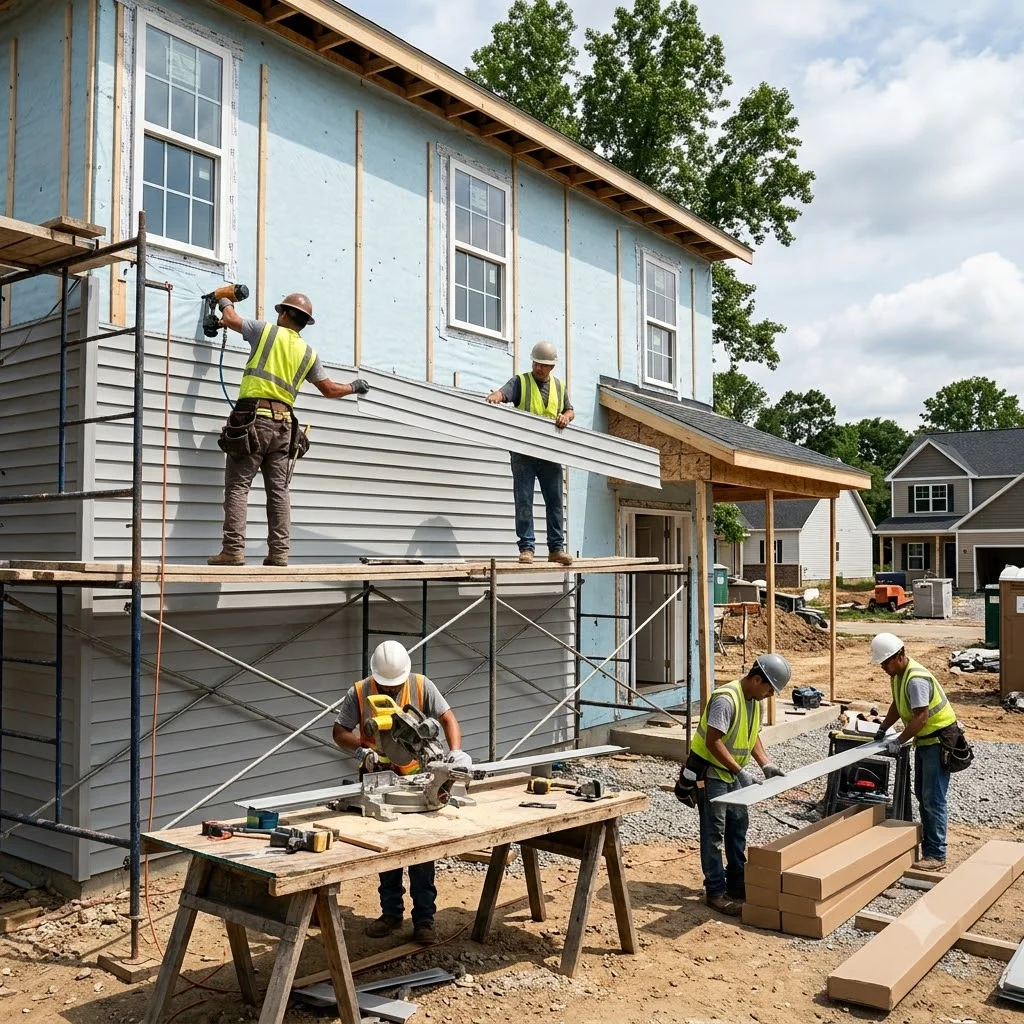 Installers on scaffolding putting up new siding on a two-story home