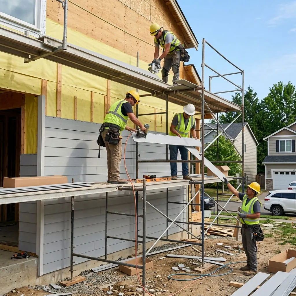 Installers on scaffolding fastening gray lap siding panels to a two-story home