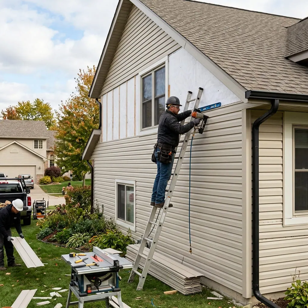 Installer on a ladder fastening new vinyl siding panels to a two-story home