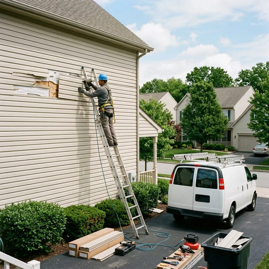 Damaged siding being repaired on a home exterior
