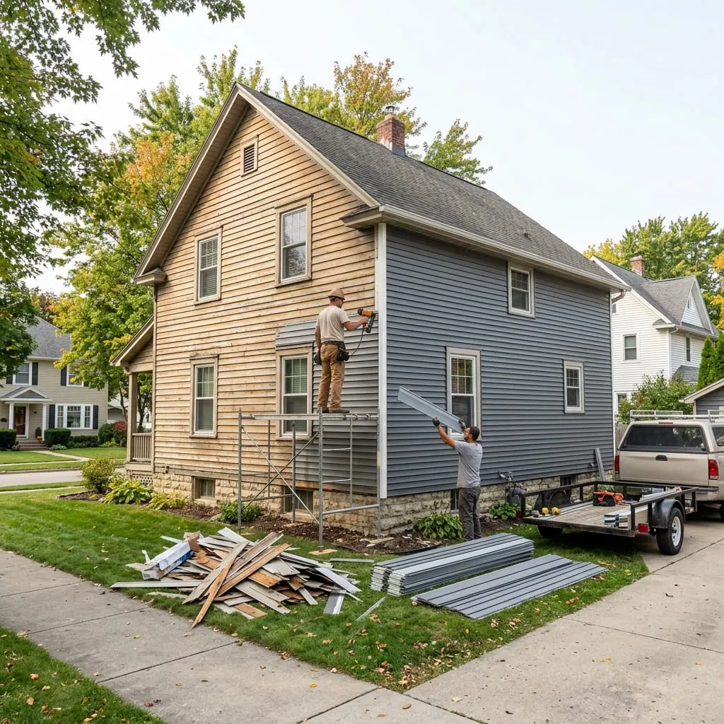 Old siding removed and new siding being installed on a home